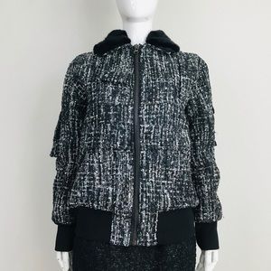 JOCELYN tweed boucle bomber jacket w/ fur trim